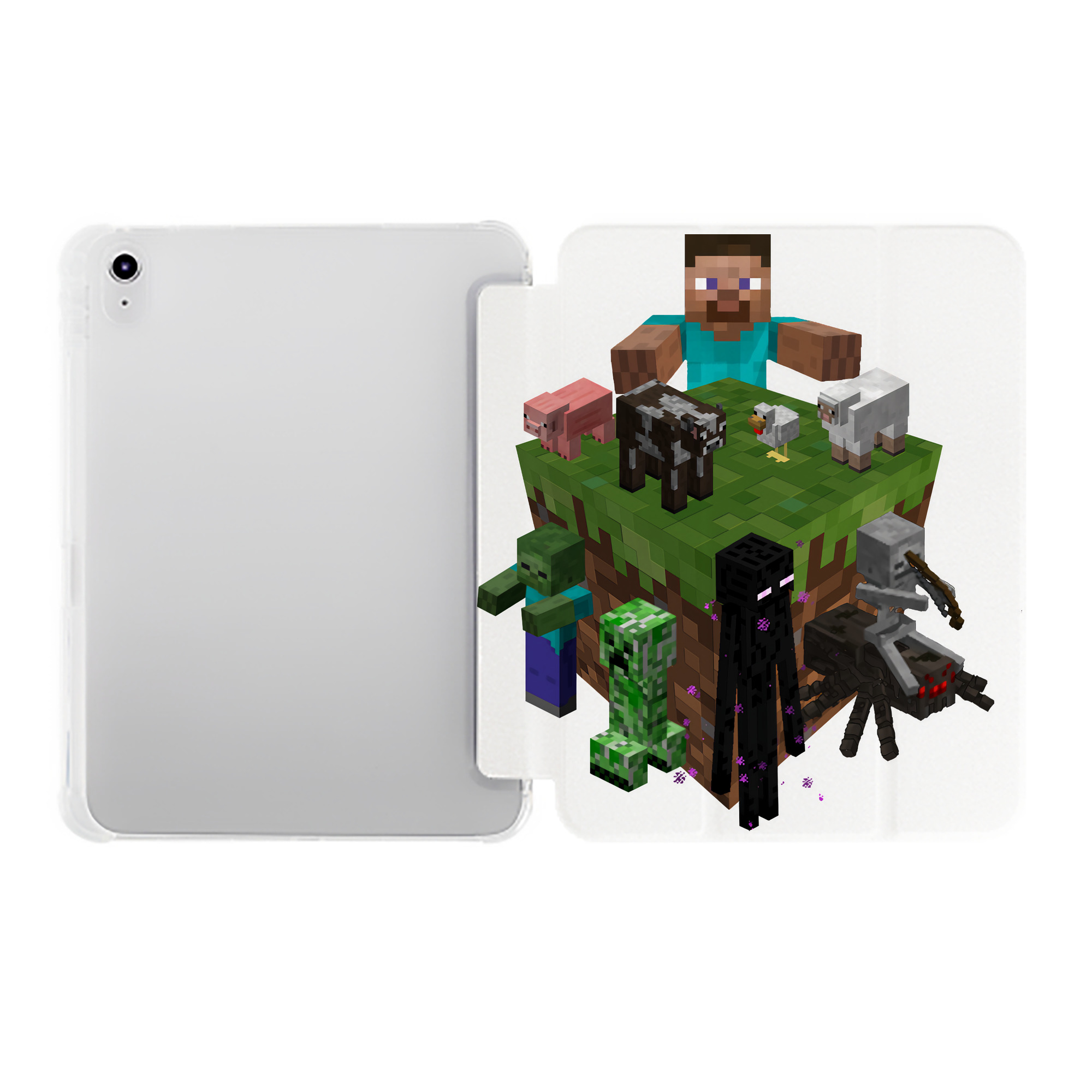 （画像用） マインクラフト ブロックの世界 Minecraft MC Block world IPad ケース ペン収納付き 三つ折りスタンド PUレザー×シリコン 対応機種9.5/10.5/10.9インチ